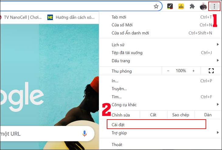Trên thanh công cụ Google Chrome => chọn vào biểu tượng dấu 3 chấm ở góc trên bên phải => ấn chọn Cài đặt